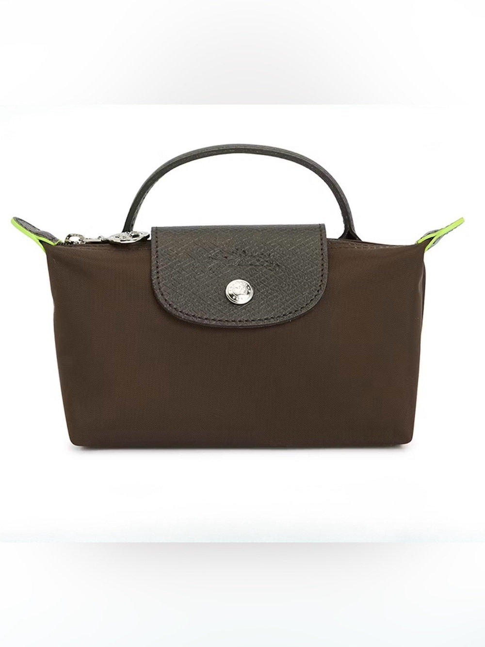 Longchamp Le Pliage XS Brown Leather & Nylon Crossbody Top Handle Rare Lime Trim